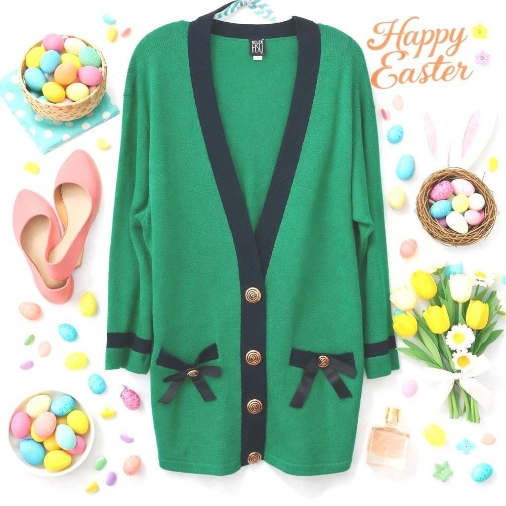 Helen Hsu Wms Cardigan S Green Black Longline Gold Button Vintage Preppy Chic